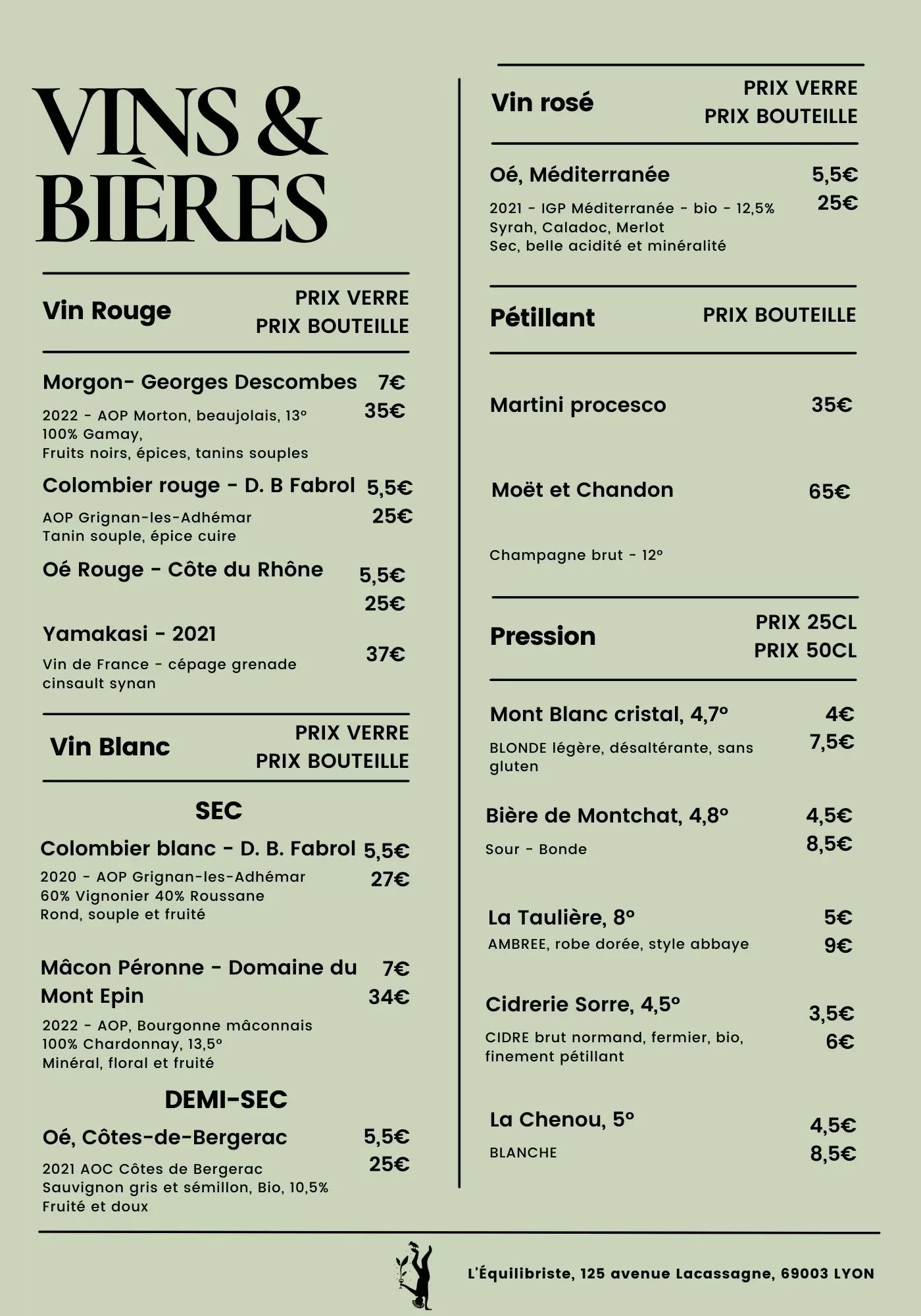 Carte des vins et Bières